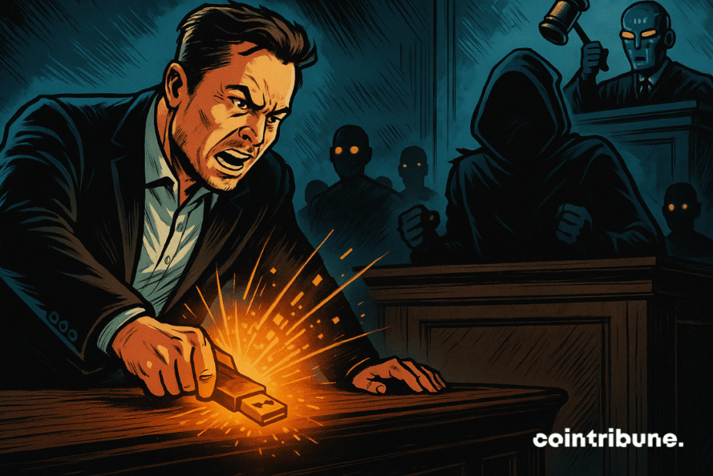 Elon Musk slams USB in courtroom facing hooded figure and robot judge.