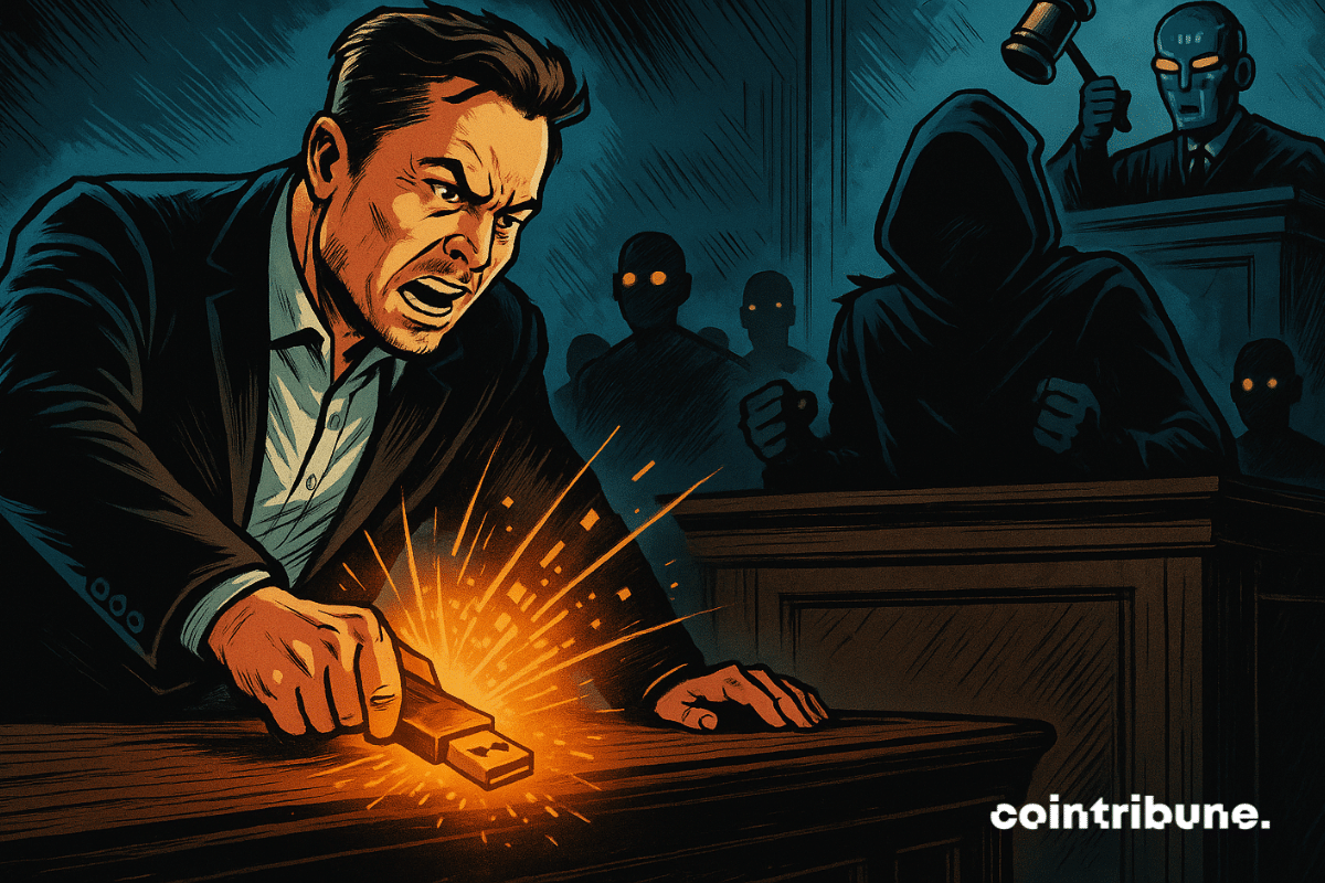 Elon Musk slams USB in courtroom facing hooded figure and robot judge.