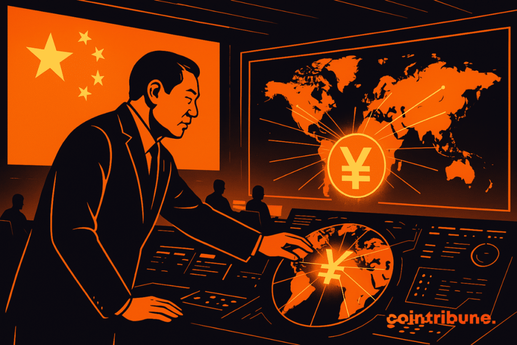 Un haut responsable chinois supervise l’expansion mondiale du yuan numérique dans un centre stratégique baigné de teintes orange intenses.