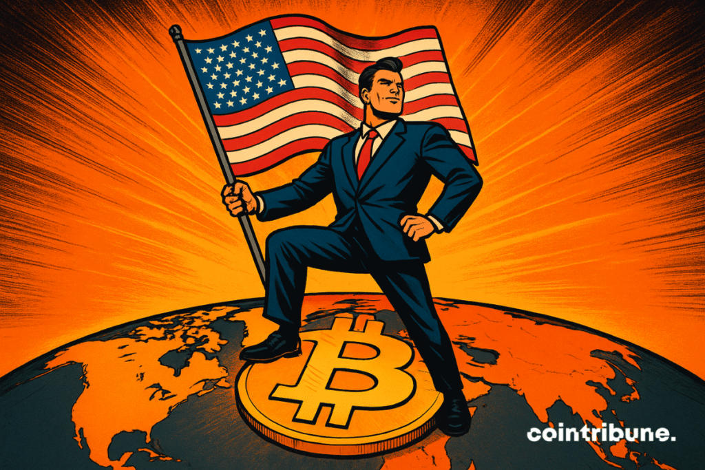 A comic-style businessman in a blue suit plants an American flag atop a glowing Bitcoin symbol on an orange world map, symbolizing U.S. dominance in crypto.