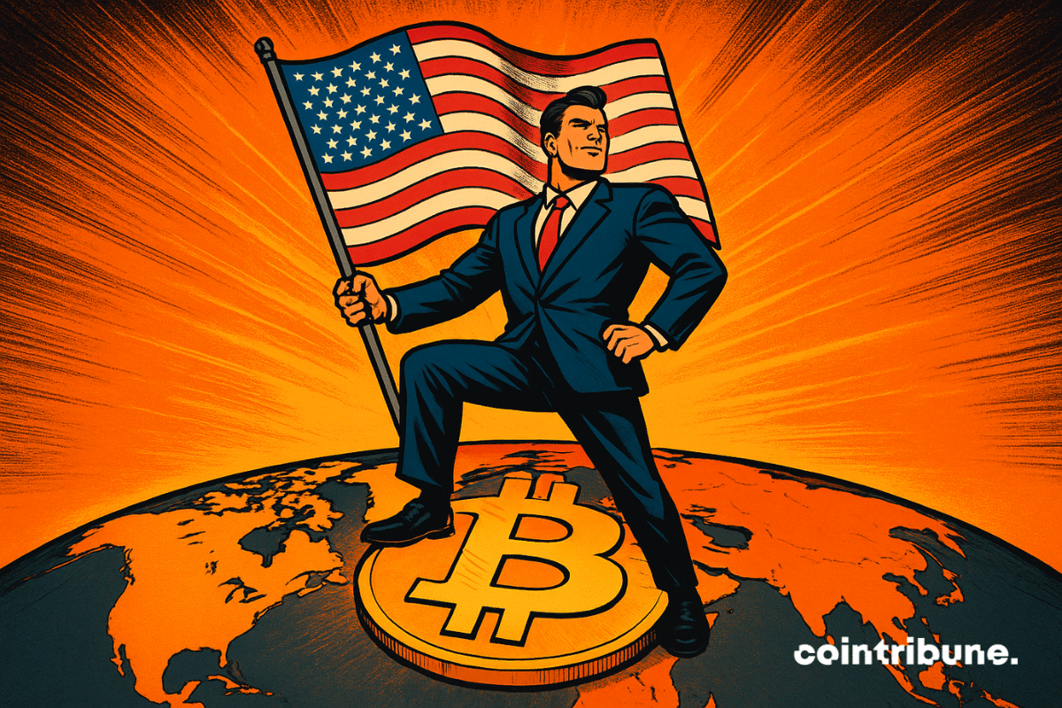 A comic-style businessman in a blue suit plants an American flag atop a glowing Bitcoin symbol on an orange world map, symbolizing U.S. dominance in crypto.