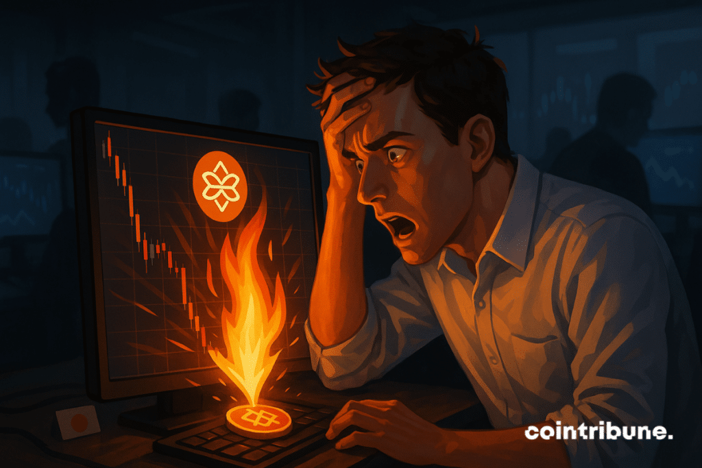 Trader shocked in front of a screen displaying a sharp drop followed by an orange surge emanating from an Aster token.