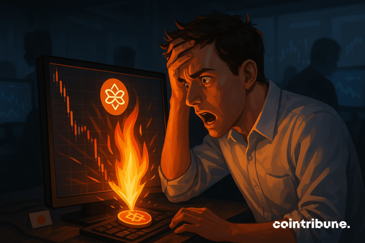 Trader choqué devant un écran affichant une chute brutale suivie d'une flambée orange émanant d'un jeton Aster.