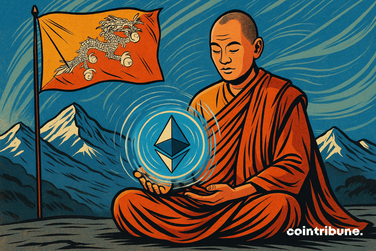 Un moine bhoutanais médite paisiblement devant les montagnes, tenant une sphère lumineuse d’Ethereum, symbole d’équilibre entre tradition et innovation.