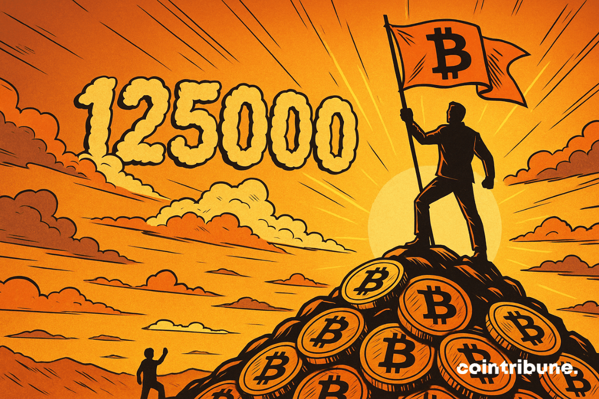 A hero waves a Bitcoin flag atop a mountain of coins, under a bright orange sky marked “125,000.”