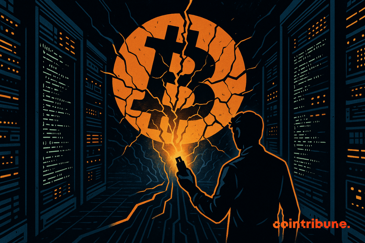 Un homme observe un gigantesque symbole Bitcoin fissuré, illuminé d’orange, au cœur d’un serveur sombre et électrique.