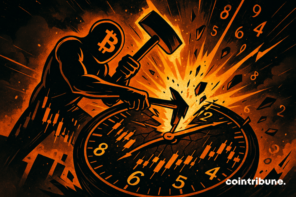 Un Bitcoin humanoide rompe un reloj gigante, liberando una explosión naranja brillante que simboliza la ruptura del tiempo y los ciclos.