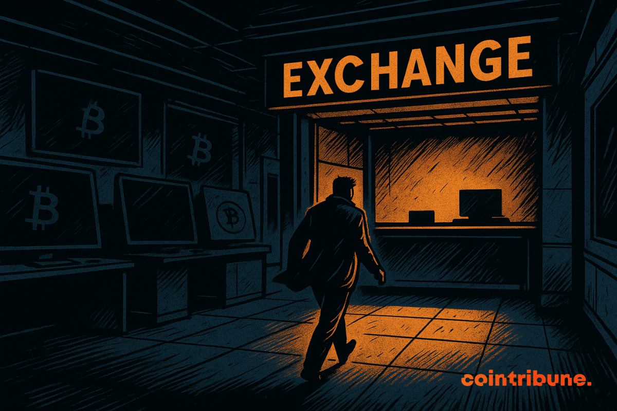 A lone man walks toward a brightly lit counter in an empty crypto exchange, illuminated by a mysterious orange glow.