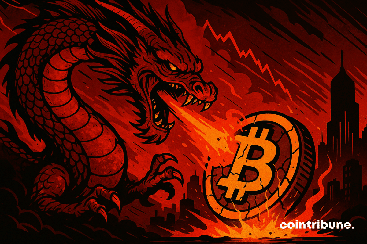 Un dragon chinois crache du feu sur un Bitcoin fissuré, symbolisant la chute brutale du marché et la panique mondiale.
