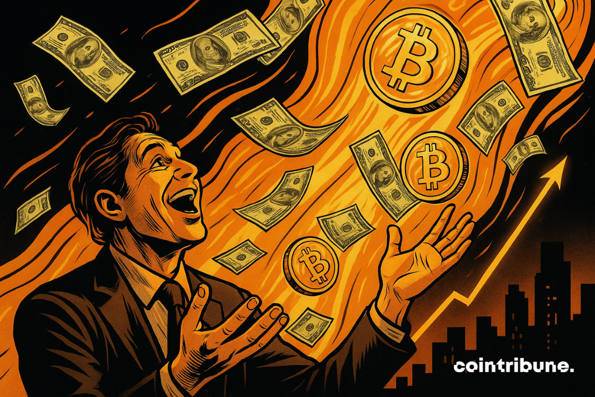 Un eufórico inversor atrapa una lluvia de billetes de oro y Bitcoins sobre un fondo naranja brillante, símbolo de prosperidad.