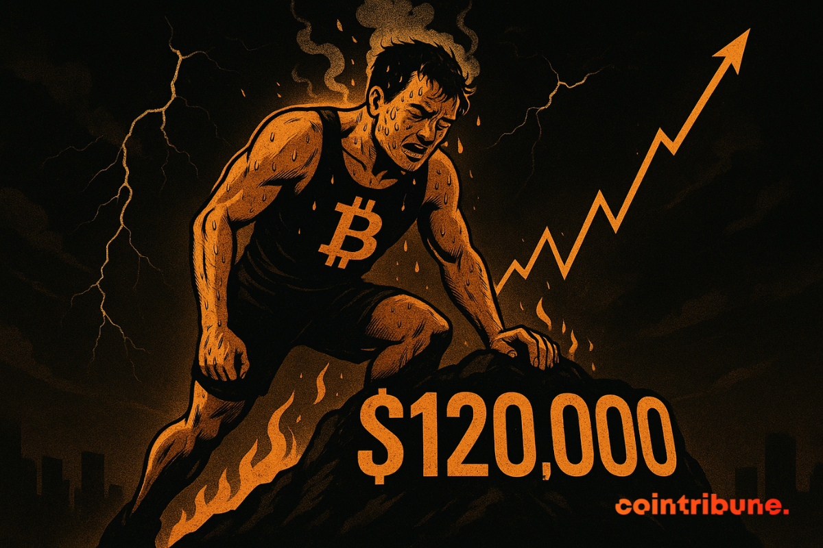 Un athlète épuisé au symbole Bitcoin atteint un sommet marqué 0 000, sous un ciel orageux et menaçant.