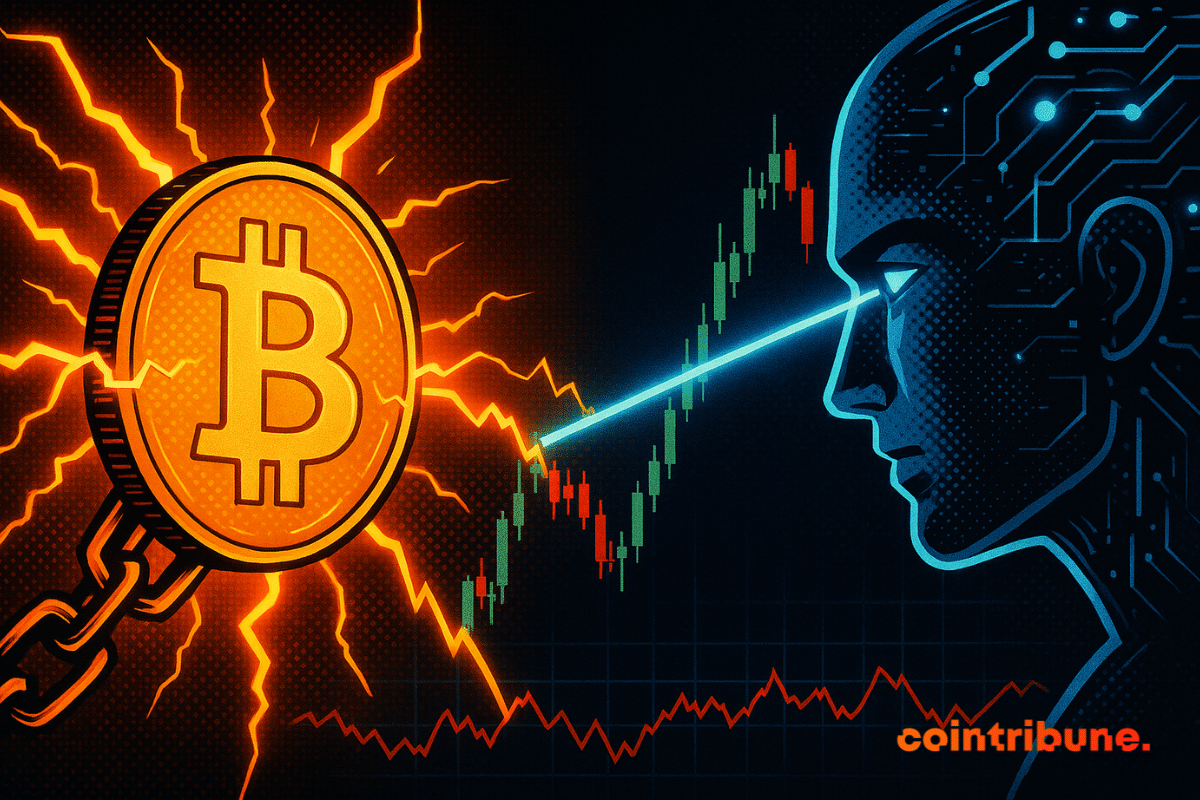 A glowing Bitcoin faces off against a blue artificial intelligence, their opposing energies clashing on a tense market chart.