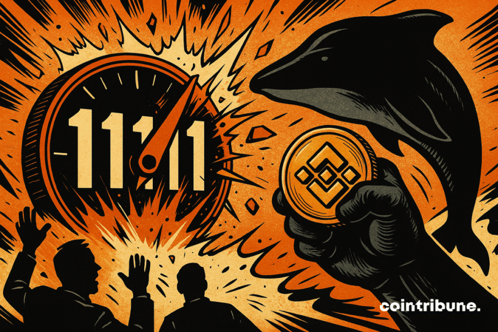 A powerful hand brandishes a golden BNB coin, breaking an explosive counter marked 1111, under the astonished gaze of investors.