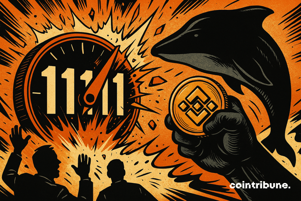 Uma mão poderosa brandindo uma moeda dourada do BNB, quebrando um contador explosivo marcado como 1111, enquanto os investidores observam com espanto.