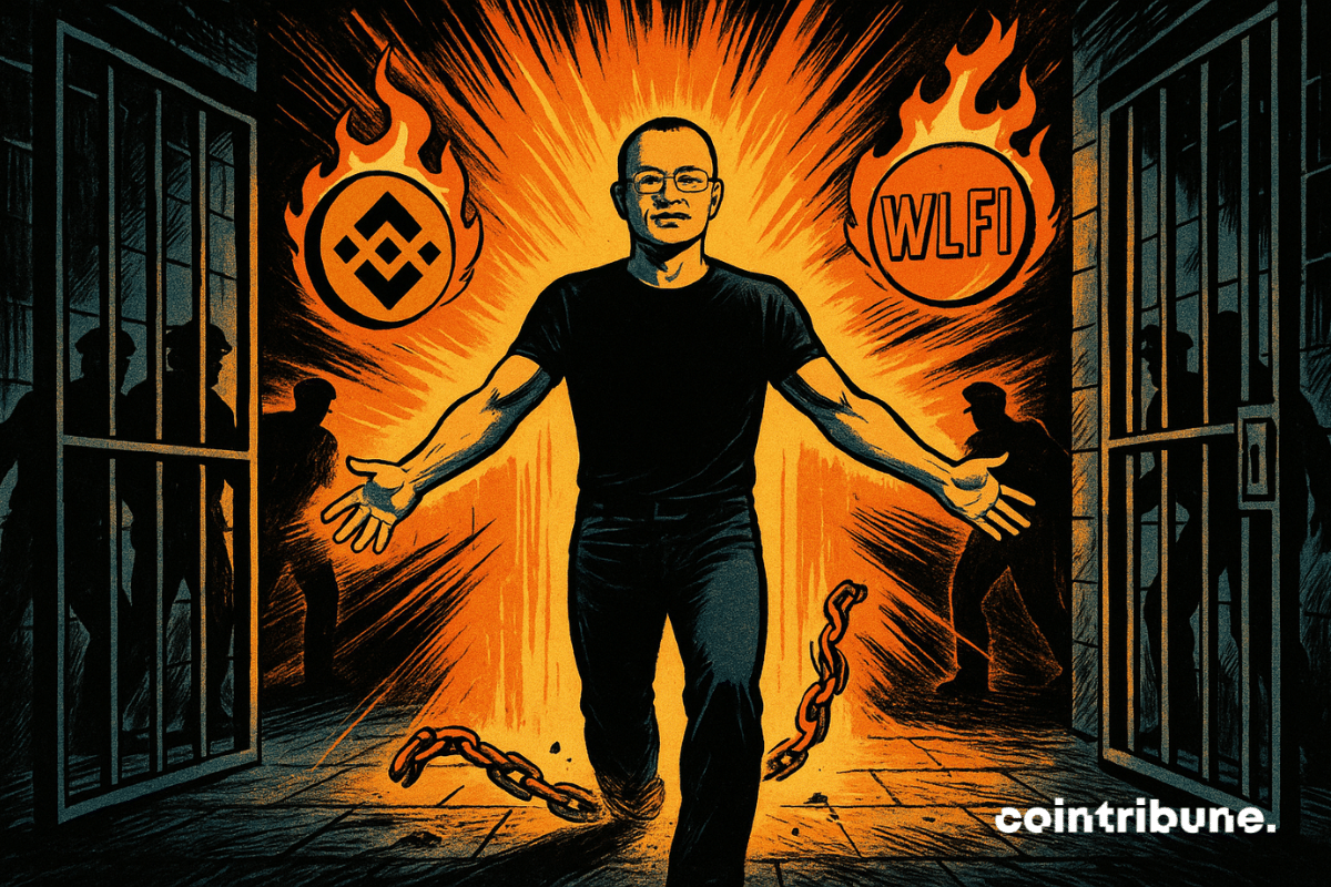Changpeng Zhao (CZ), fondateur de Binance et de la crypto BNB, avance calmement, les bras ouverts vers l’avant, comme s’il accueillait le monde. Les portes de la prison entrouvertes, d’où jaillit une lumière orange puissante, presque céleste. À ses pieds, on voit des chaînes brisées.