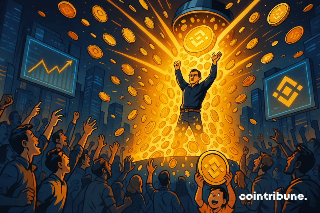 CZ stands on platform as BNB coins rain down on cheering developers in the futuristic city.
