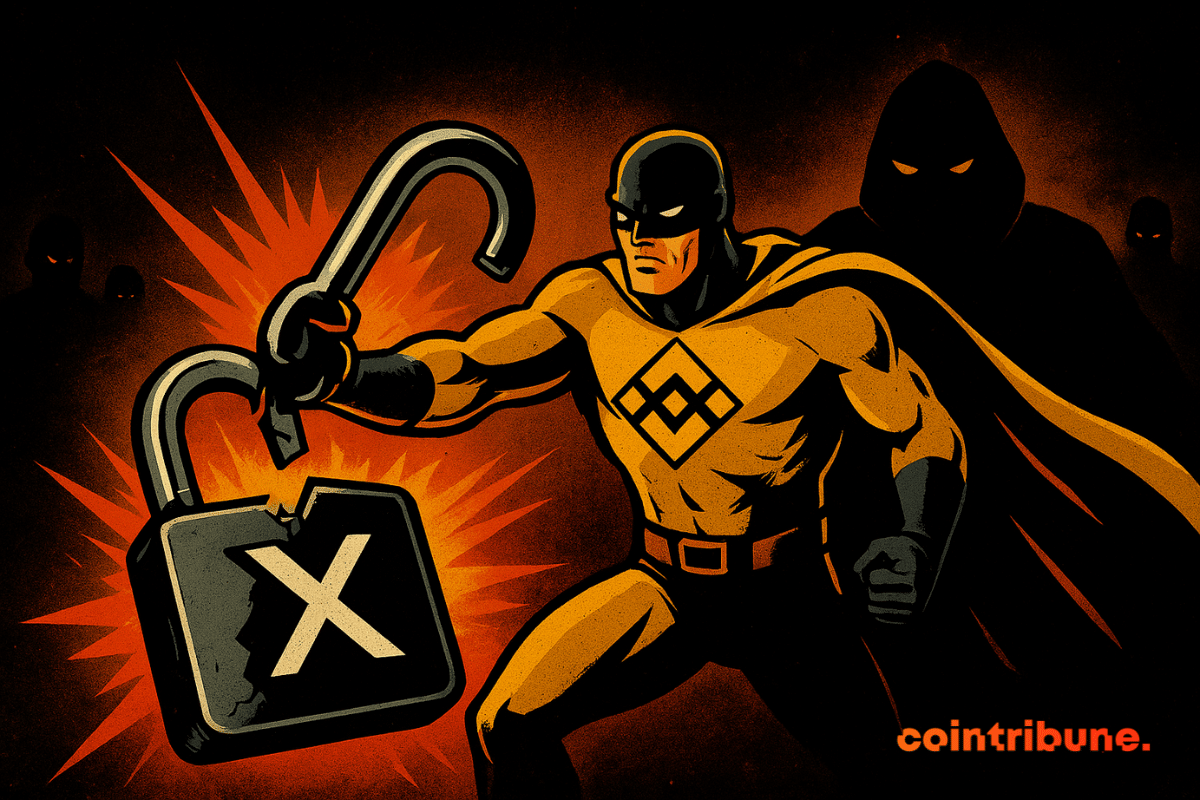 A comic-style superhero in yellow and black with the Binance logo breaks open a padlock marked with an X, while dark hooded figures loom in the background.