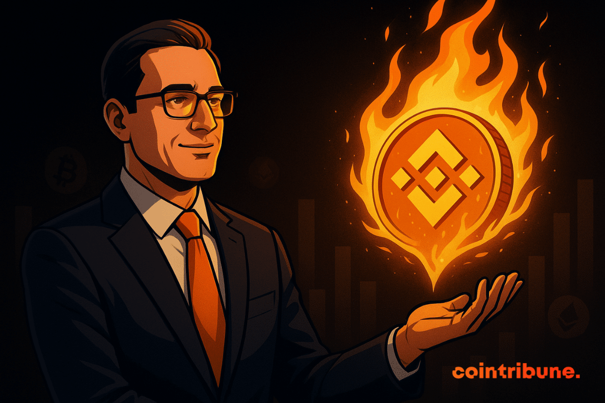 A confident businessman in a navy suit with an orange tie holds out his hand toward a glowing, flaming Binance Coin logo, lighting his face in warm orange tones against a dark background.
