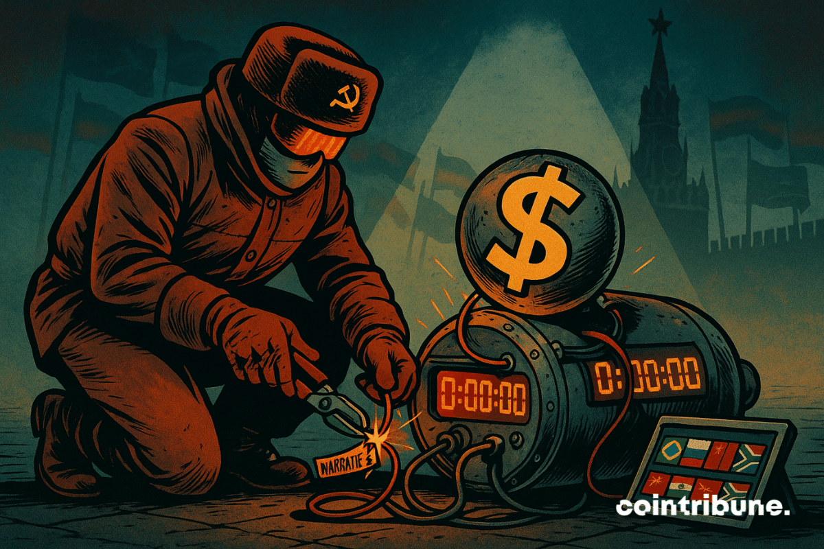 Un technicien du Kremlin est accroupi, en train de couper un fil rouge avec une pince, ce qui symbolise le démenti formel du kremlin sur la déstabilisation du dollar.
