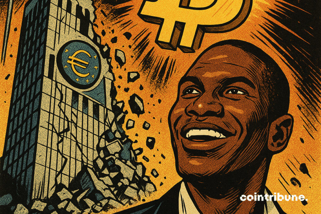 Arthur Hayes souriant devant un immeuble de la BCE en ruine, avec un symbole Bitcoin brillant en arrière-plan.