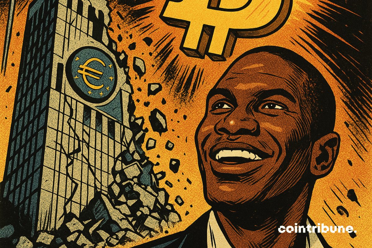 Arthur Hayes smiling in front of a ruined ECB building, with a Bitcoin symbol shining in the background.
