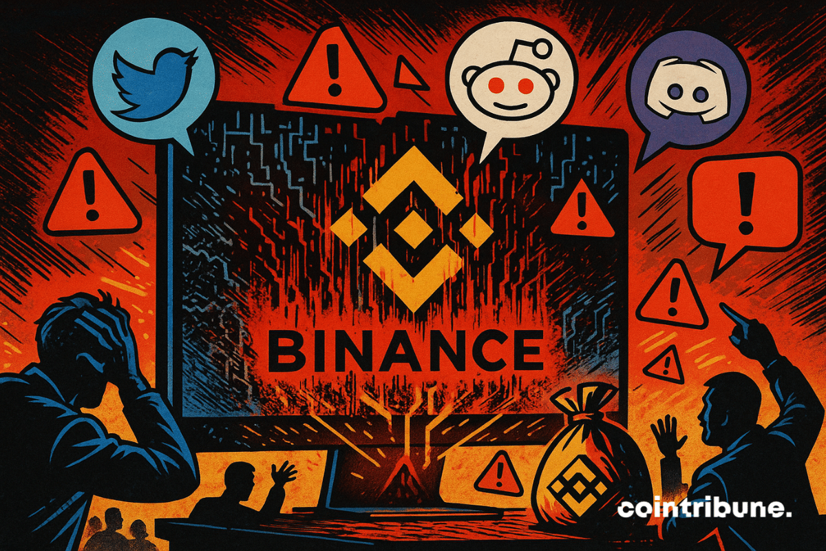Un écran géant central affiche le logo Binance, avec un glitch visuel qui le déforme. Des icônes de réseaux sociaux stylisés flottent autour (X, Reddit, Discord), crachant des bulles rouges.