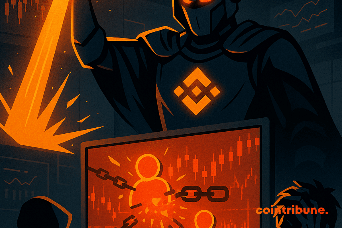 Un juge robotique Binance abat un marteau lumineux, bannissant des traders dans une salle de contrôle numérique.