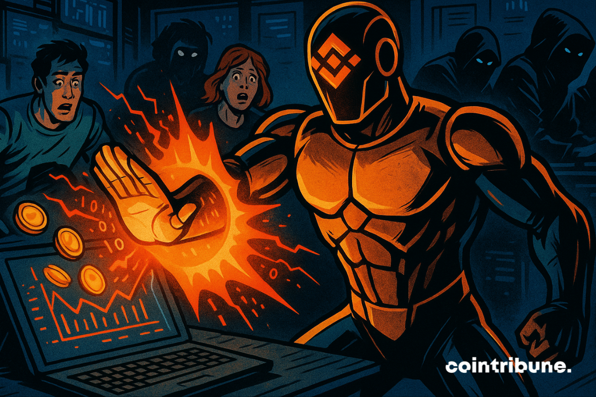 Binance hero blocks cyber attack in a high-tech control room as users react in fear and hackers loom.