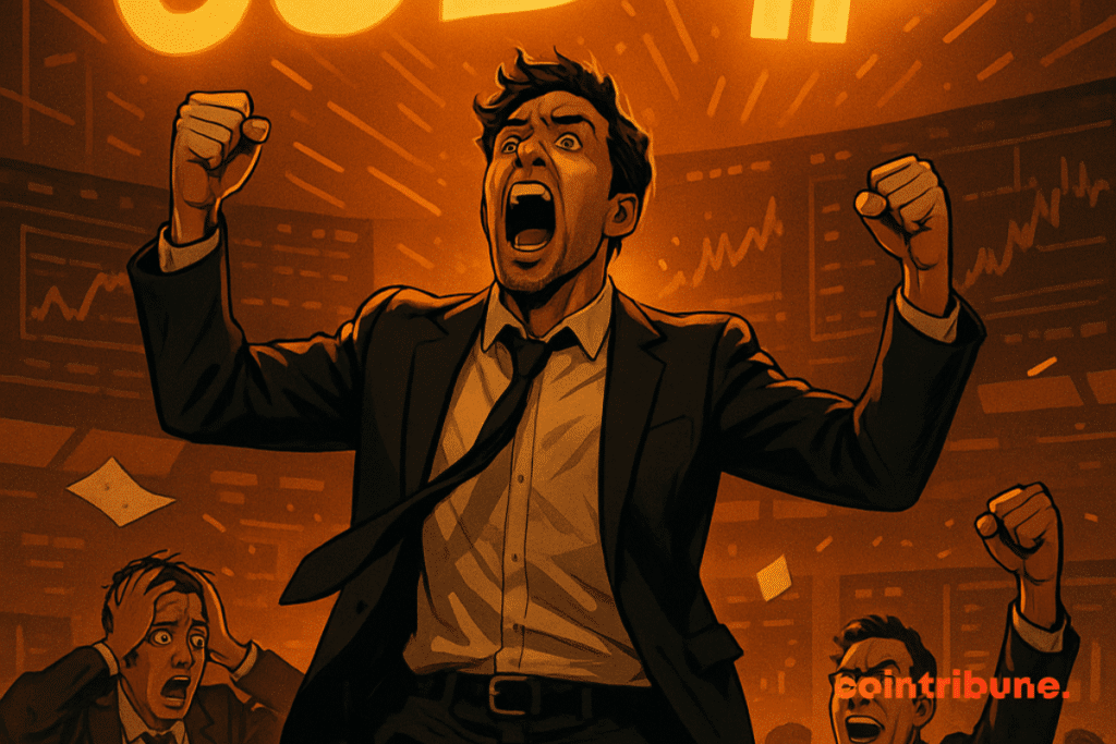 Trader eufórico en un escritorio, gritando frente a una pantalla que muestra “63B” y el logotipo luminoso de Bitcoin.