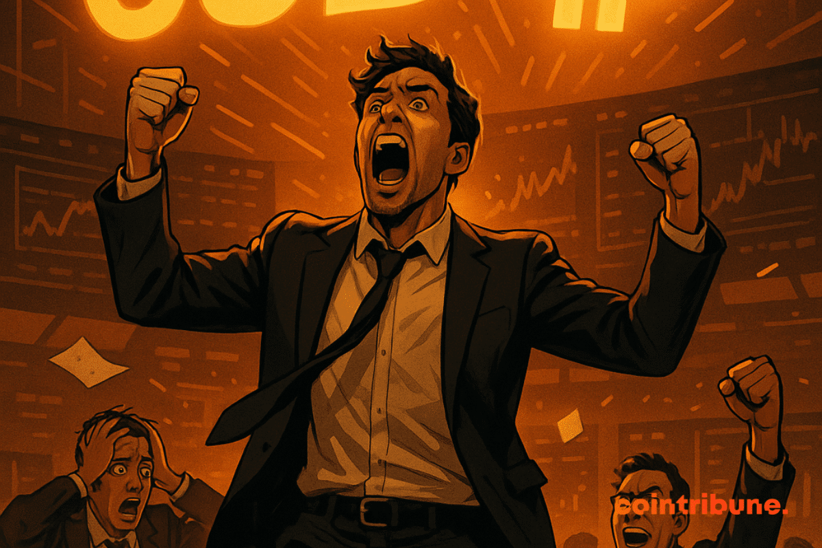Trader eufórico en un escritorio, gritando frente a una pantalla que muestra “63B” y el logotipo luminoso de Bitcoin.