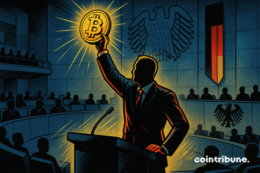 Un député de l’AfD est positionné au centre de l’hémicycle du Bundestag. Le personnage est debout à la tribune, bras levé au-dessus de sa tête, brandissant un Bitcoin.