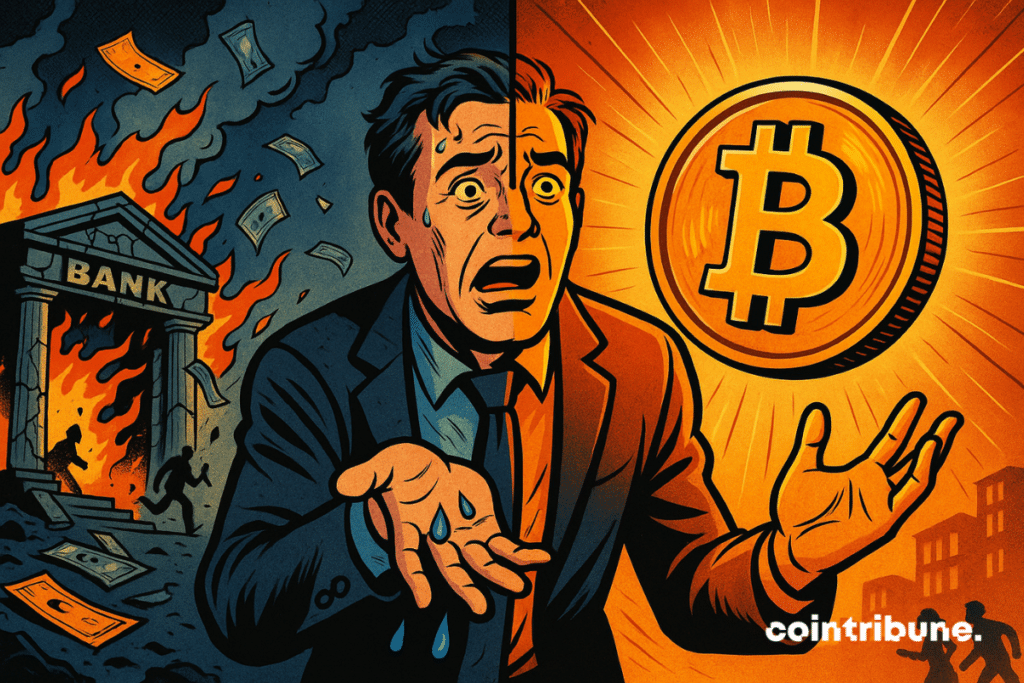 Un personaje humano en el centro, dividido por una frontera vertical. Pasa de un mundo en ruinas a una revelación. Su mano izquierda intenta retener la liquidez que se escurre entre sus dedos, mientras su mano derecha se extiende hacia la luz de Bitcoin.