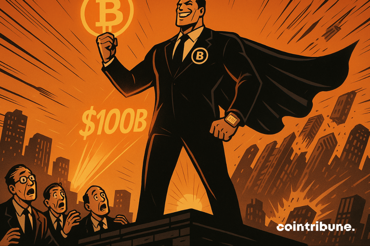 Super-héros vêtu d'un costume BlackRock tenant un Bitcoin lumineux et projetant un hologramme « 100 milliards de dollars » depuis le toit d'un gratte-ciel.