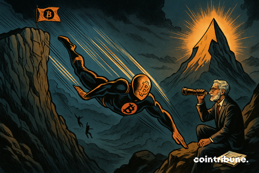 Un Bitcoin humanoïde se jette dans le vide. Au loin, derrière une couche de brouillard, une seconde montagne encore plus haute, baignée de lumière orange, en forme de flèche ou de graphique haussier, symbolise le nouvel ATH. Un vieil homme élégant tient une longue-vue ancienne pointée vers la deuxième montagne.