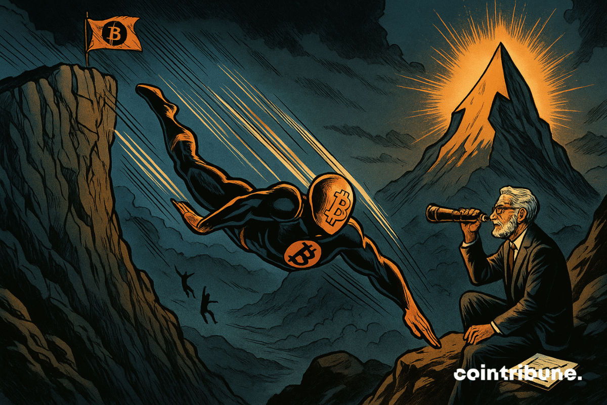 Un Bitcoin humanoïde se jette dans le vide. Au loin, derrière une couche de brouillard, une seconde montagne encore plus haute, baignée de lumière orange, en forme de flèche ou de graphique haussier, symbolise le nouvel ATH. Un vieil homme élégant tient une longue-vue ancienne pointée vers la deuxième montagne.