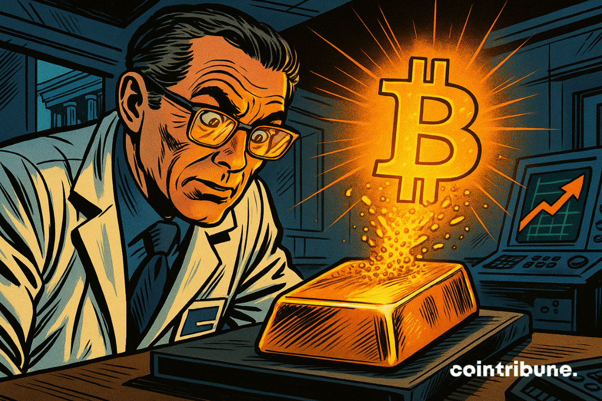Un scientifique (un banquier de la Deutsche Bank) observe un lingot d’or en train de se transformer sous ses yeux en Bitcoin.