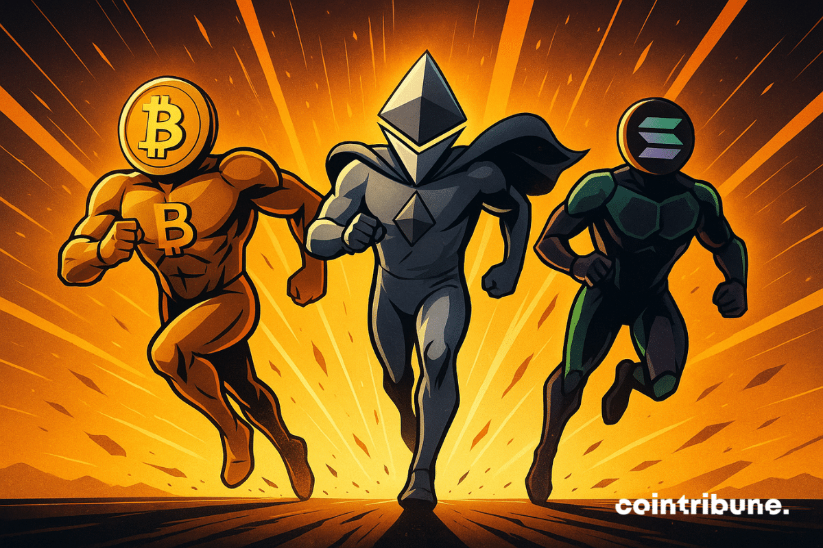 Trois héros de bande dessinée symbolisant Bitcoin, Ethereum et Solana sprintent au milieu de traînées de lumière orange vif, représentant une puissante vague crypto.