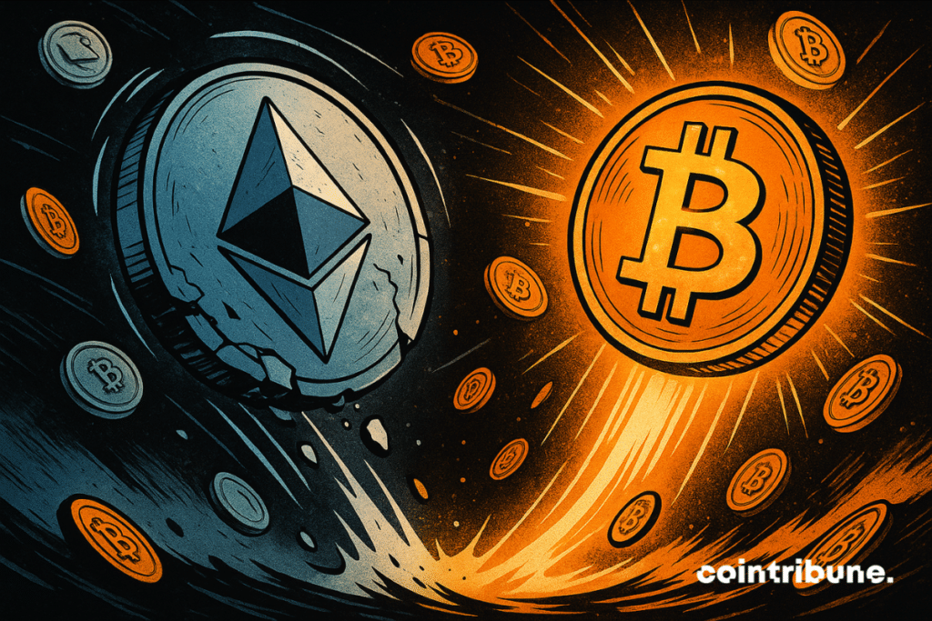 A 1970s comic-style illustration showing a glowing orange Bitcoin coin rising as a cracked blue Ethereum coin falls apart in a dark, swirling background.