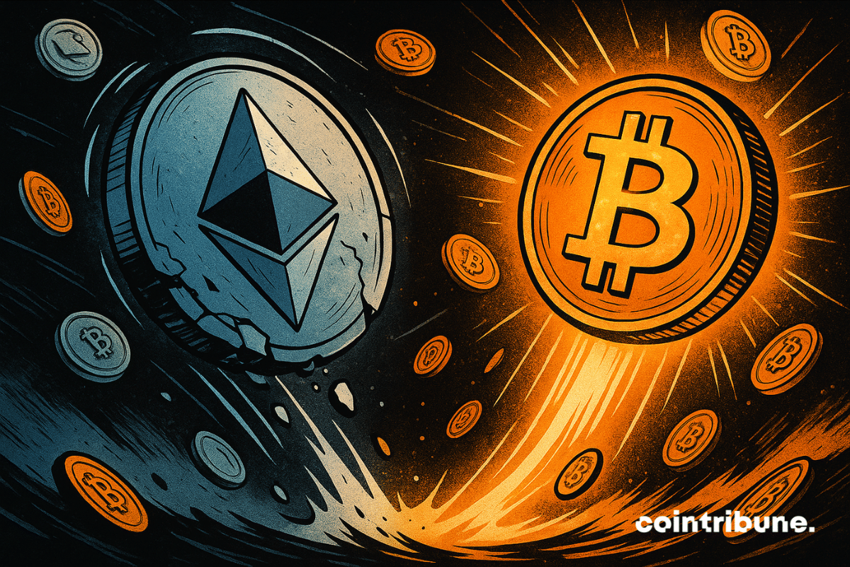 A 1970s comic-style illustration showing a glowing orange Bitcoin coin rising as a cracked blue Ethereum coin falls apart in a dark, swirling background.
