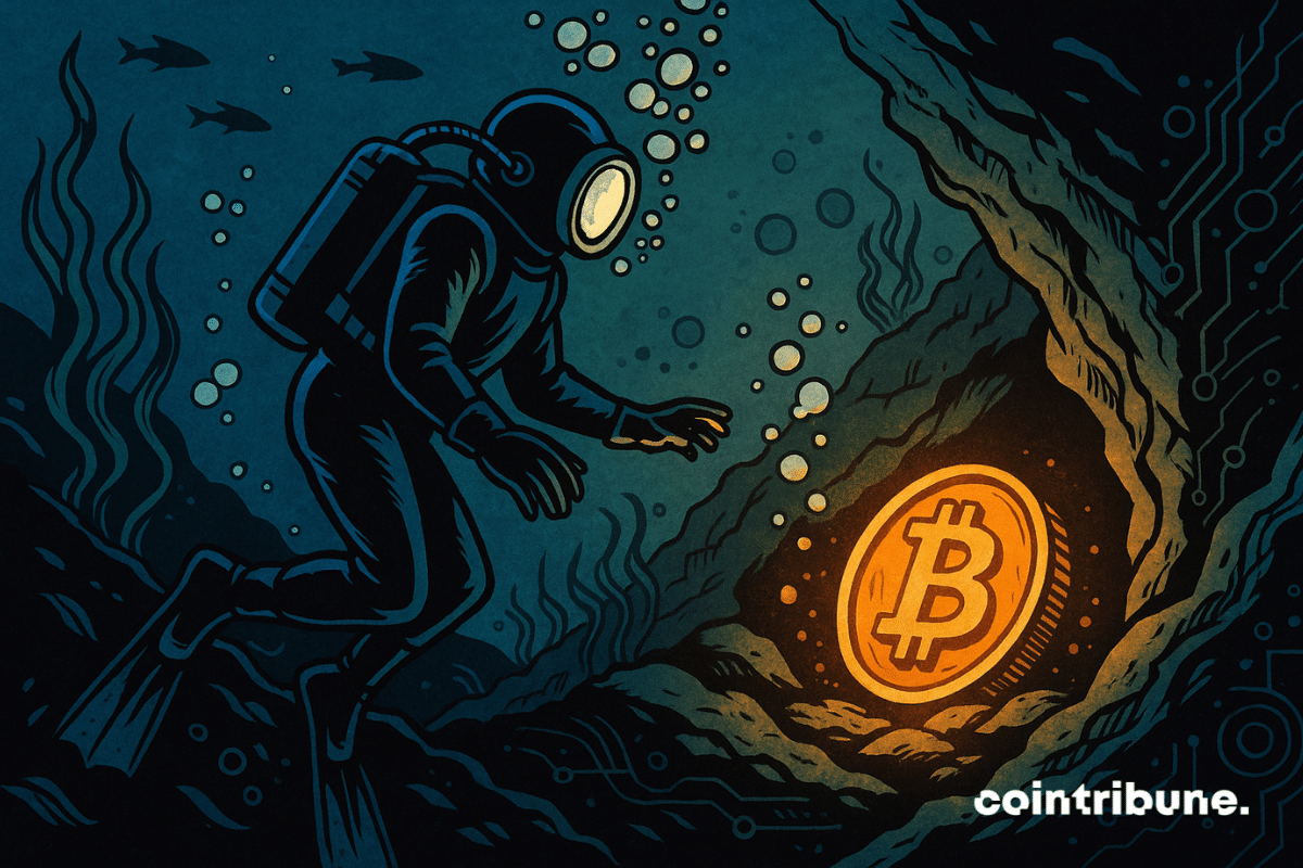 Un buzo de alta tecnología está suspendido en el agua, inmóvil, con los brazos ligeramente extendidos hacia un objeto brillante en una cavidad rocosa. Su mano derecha se extiende hacia un Bitcoin dorado que reposa en el fondo, en una grieta de la roca.
