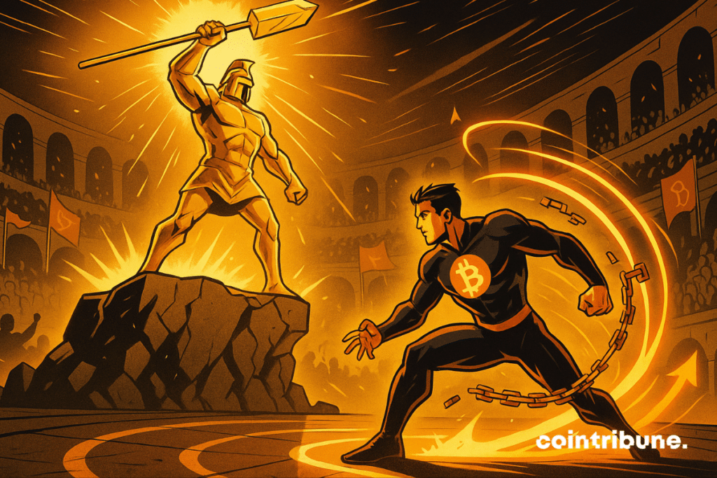O guerreiro Bitcoin enfrenta o gladiador dourado em uma arena em chamas, com correntes se quebrando à medida que a tensão aumenta.