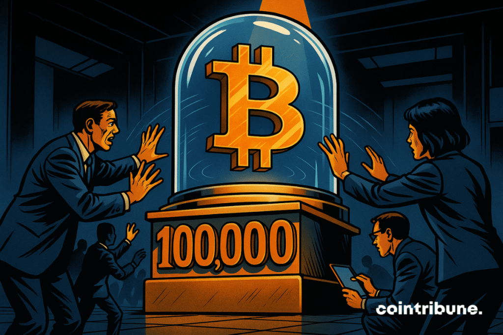 Dentro de uma enorme cúpula de vidro: um símbolo tridimensional do Bitcoin, dourado e imponente, levitando levemente. Na base, o número “100 000” está esculpido em relevo brilhante na cor laranja. A cúpula é perfeitamente lisa, sem emendas ou acessos, e reflete a luz ambiente. Vários traders, analistas do Standard Chartered ou curiosos estendem a mão ou batem na cúpula, visivelmente frustrados ou incrédulos.
