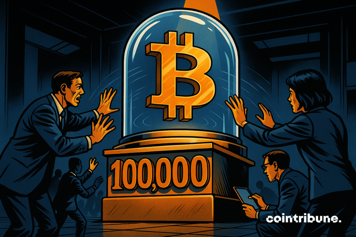 À l’intérieur d’une cloche de verre massive : un symbole Bitcoin tridimensionnel, doré et imposant, lévitant légèrement. Sur le socle, un chiffre « 100 000 » sculpté en relief brillant orange. La cloche est parfaitement lisse, sans jointure ni accès, et reflète la lumière ambiante. Plusieurs traders, analystes de Standard Chatered ou curieux tendent la main ou cognent la cloche, visiblement frustrés ou incrédules.