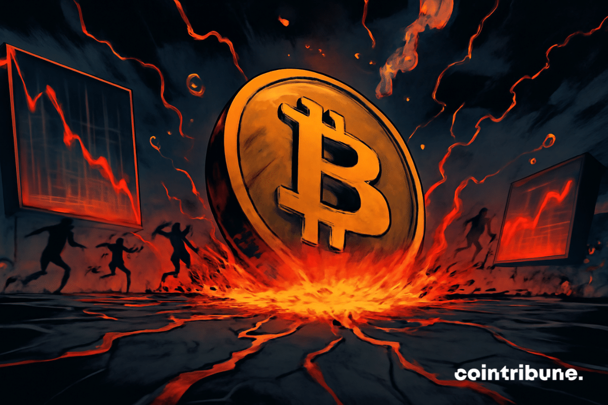 Un Bitcoin géant s’écrase brutalement au sol, se fragmentant en plusieurs morceaux. Il est entouré de lumière rouge et orange, symbolisant l’intensité de la chute et des liquidations.
