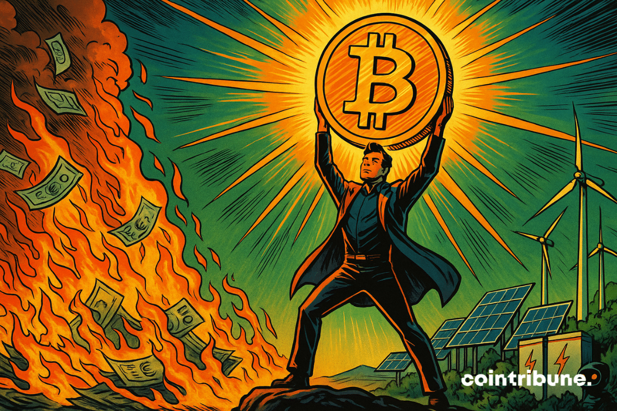 Elon Musk présente un Bitcoin radiant comme un soleil énergétique.