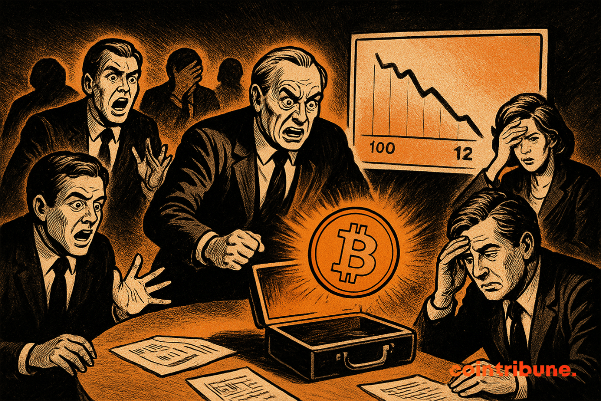 A 1970s comic-style boardroom scene shows shocked executives around a table staring at a glowing Bitcoin symbol rising from an open briefcase, with a sharp downward graph in the background.