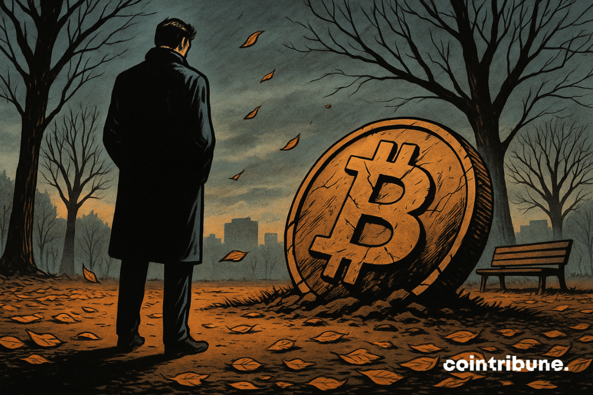 A solitary man wears a long dark coat, hands in his pockets. He looks straight ahead. A massive Bitcoin coin, partially sunken into the ground, dirty, cracked, weathered by time. The coin is tilted and dominates the central frame.