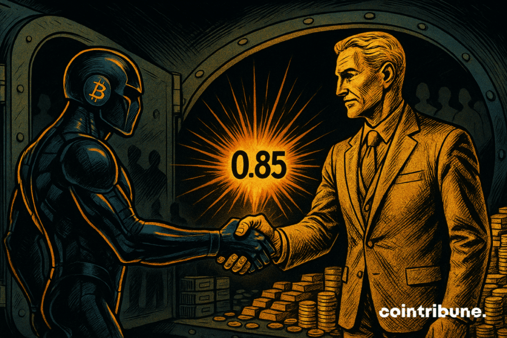 Dos figuras humanoides, una con una armadura futurista (Bitcoin) y la otra con un traje dorado clásico (Oro). Se estrechan la mano con intensidad, como dos potencias sellando una alianza.