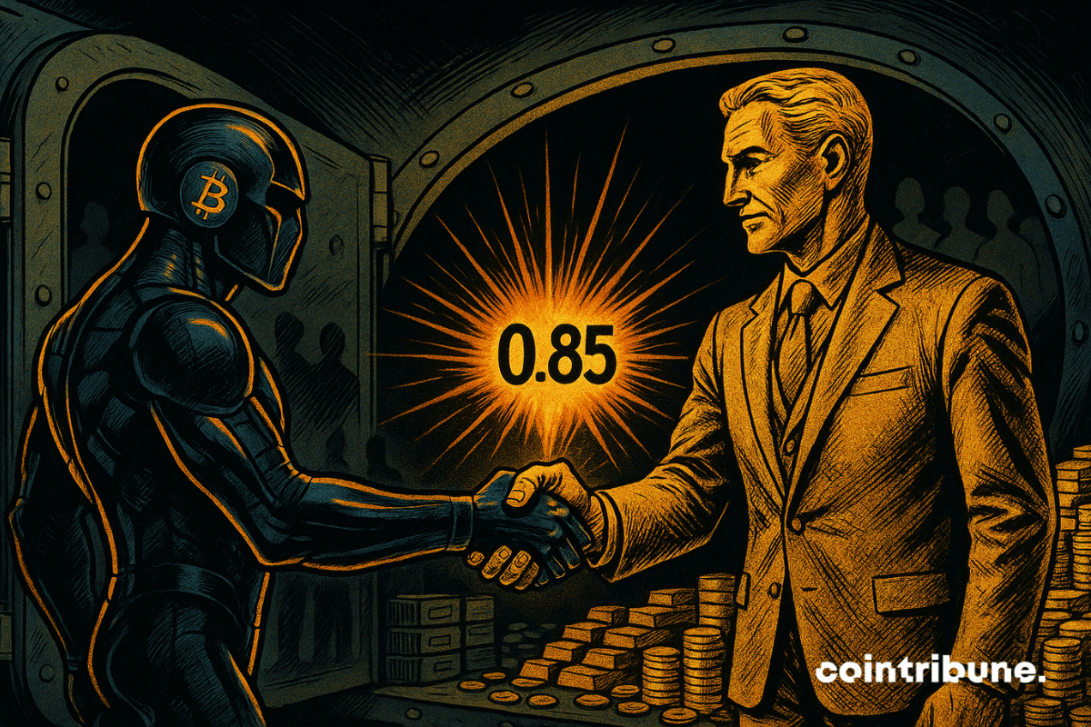Two humanoid figures — one in futuristic armor (Bitcoin), the other in a classic golden suit (Gold). They shake hands firmly, like two powers sealing an alliance.
