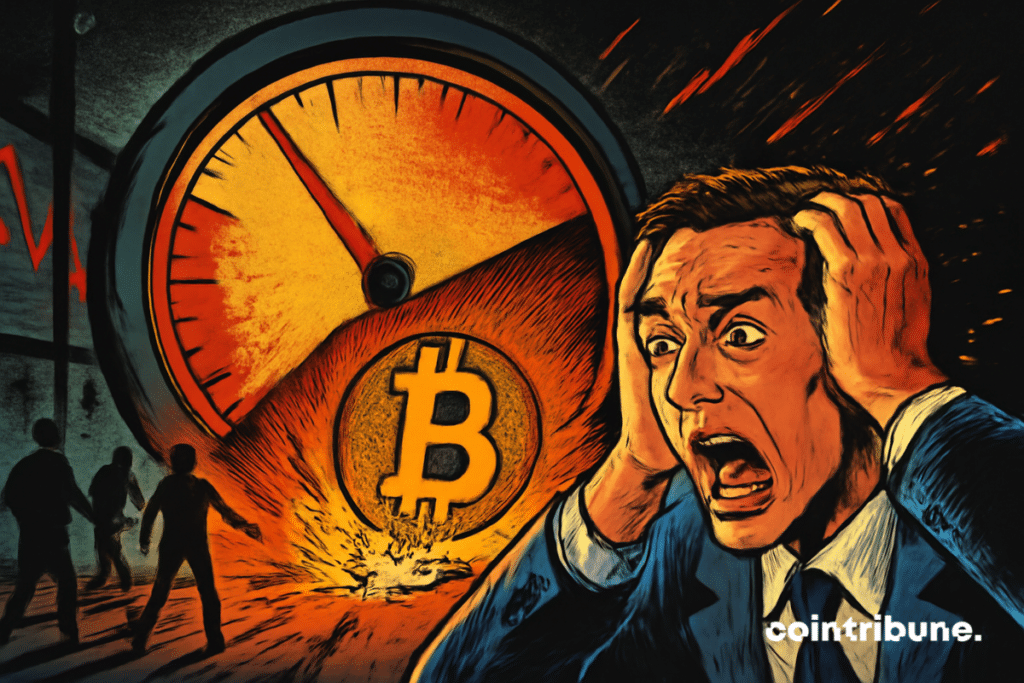 Un gran termómetro digital muestra curvas rojas y niveles bajos del indicador. Un Bitcoin gigante cayendo libremente, explotando bajo la mirada de un trader aterrorizado.